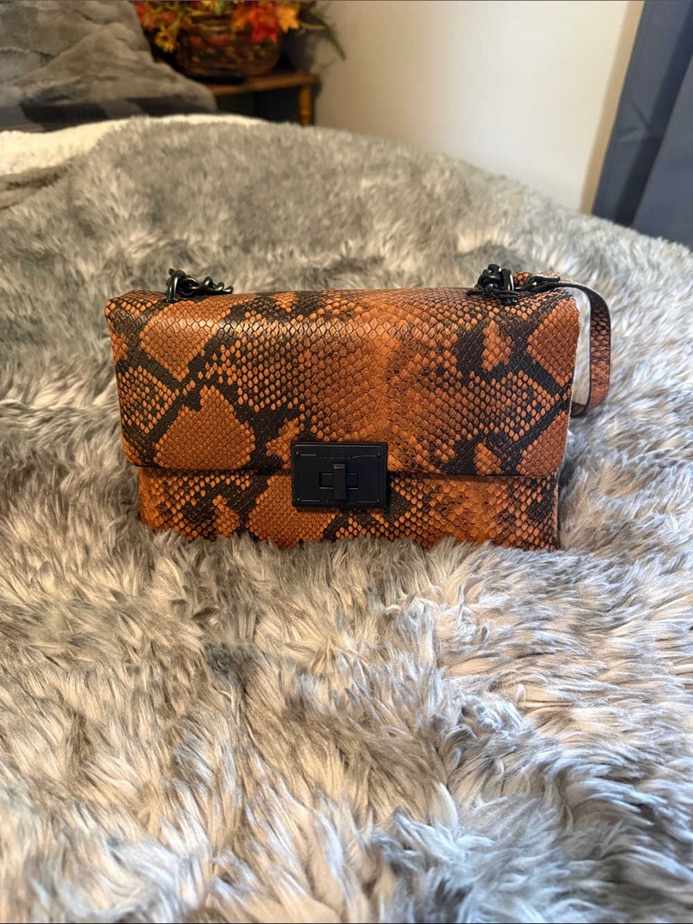 Snake-Print Crossbody Or Shoulder Bag in Cognac Brown